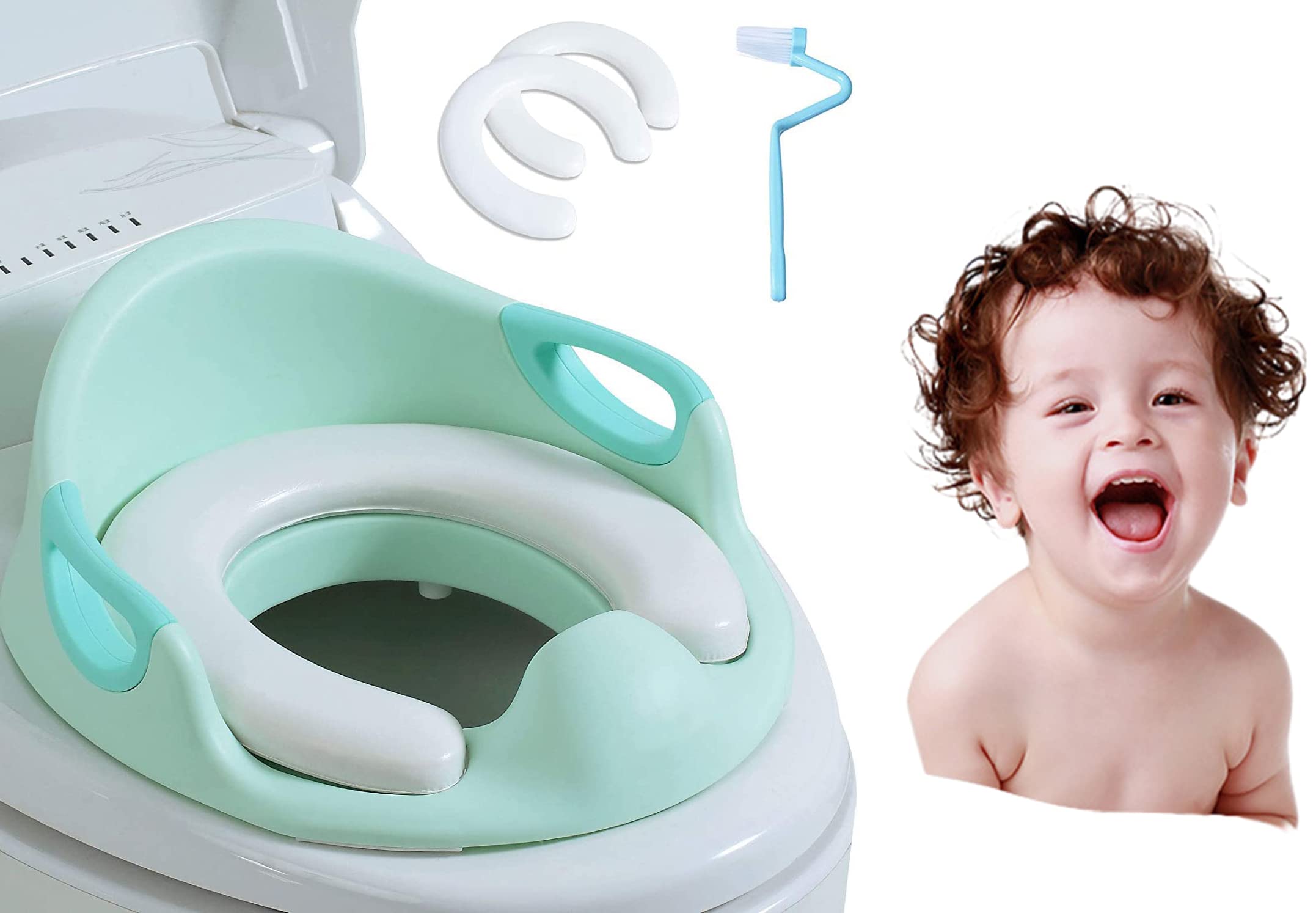Sweet seven Premium Potty Training Seat for Kids and Toddlers - Baby Toilet Trainer with Cushions, Brush, Safety Handle, and Backrest Portable, and Easy to Clean - Fits Round and Oval Toilets