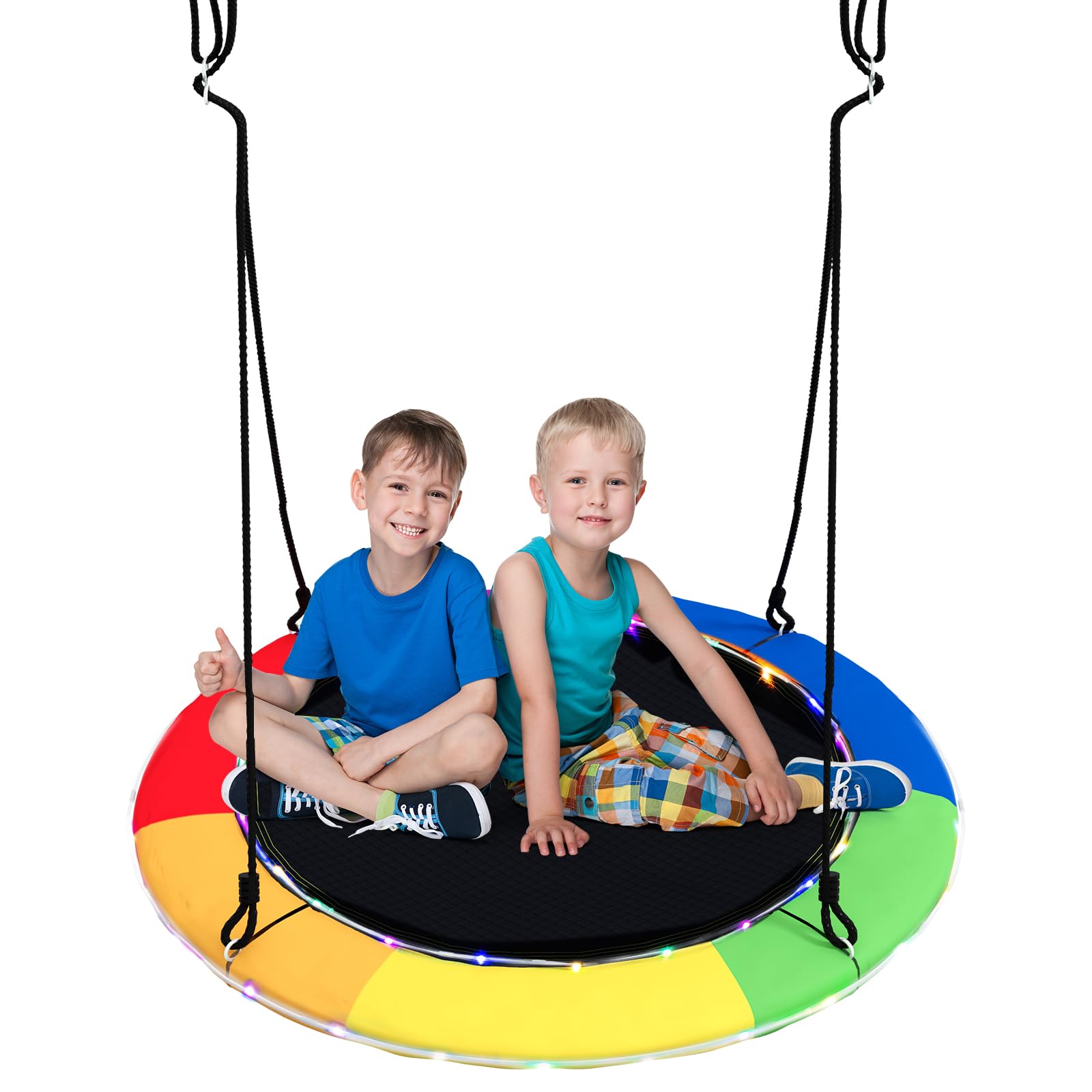 Maxmass Kids Hanging Tree Swing, 40"/100cm Nest Swing Seat with LED Lights, Height Adjustable Ropes, Flying Round Saucer Swing for Indoor Outdoor, 300kg Capacity (Colorful)