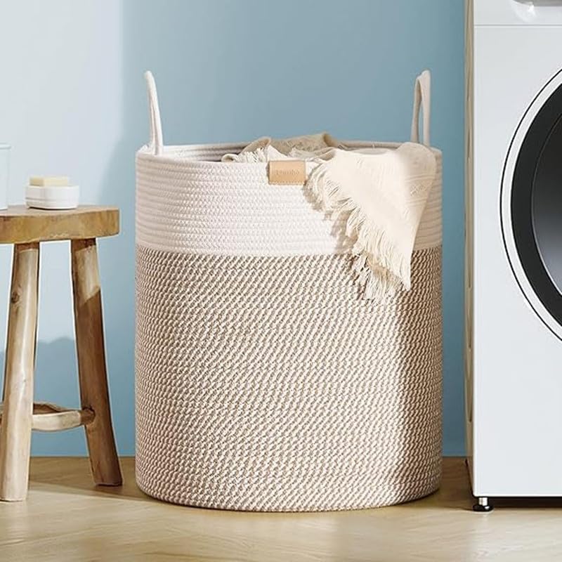 GRATIFY Laundry Basket,Woven Cotton Rope Laundry Hamper,50L for Decorative Storage of Dirty Clothes,Toys and Blankets in Bathroom,Baby Room and Living Room (15X13 INCH) (Beige White)-image-16