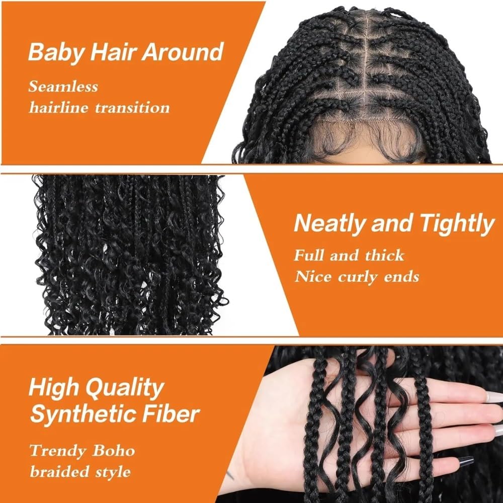 Parrucche intrecciate senza nodi Boho da 36 pollici for le donne Parrucca nera con treccia bohémien sintetica in pizzo pieno