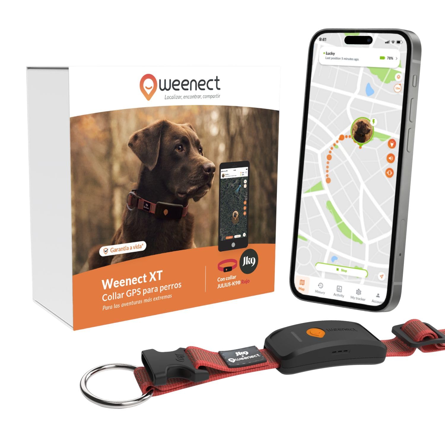 Weenect Dog XT - Nuevo Collar GPS para Perros | Antena XL | Impermeable | Collar Rojo Ultra-Resistente Integrado Julius-K9 | Garantía de por Vida | Suscripción requerida