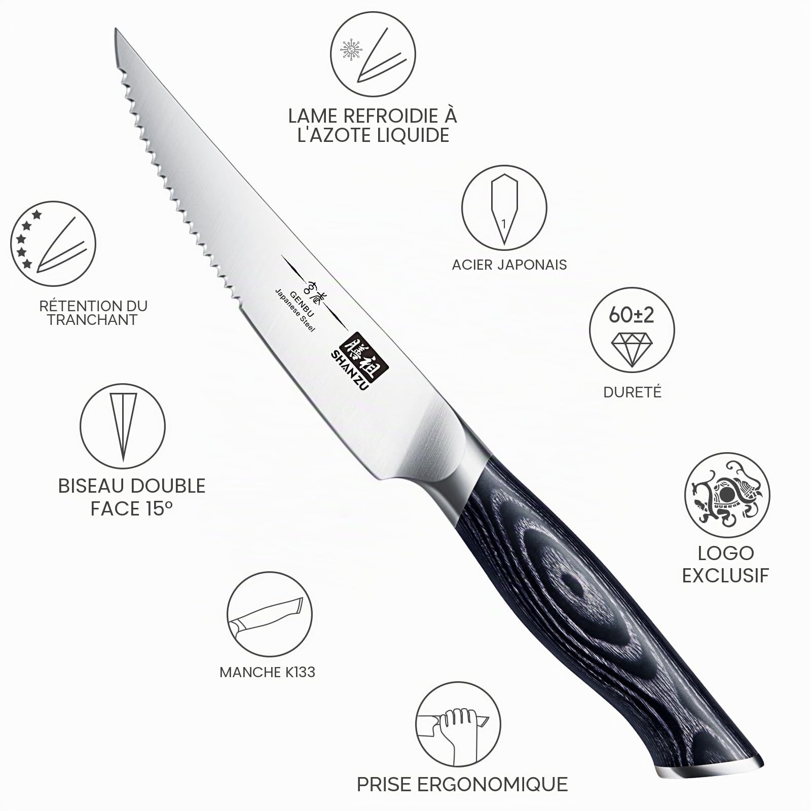SHAN ZU Couteaux à Steak 6 Pièces, Set de Table, Lame Ultra-Fine Acier Inoxydable, Manche Bois K133 Série Genbu