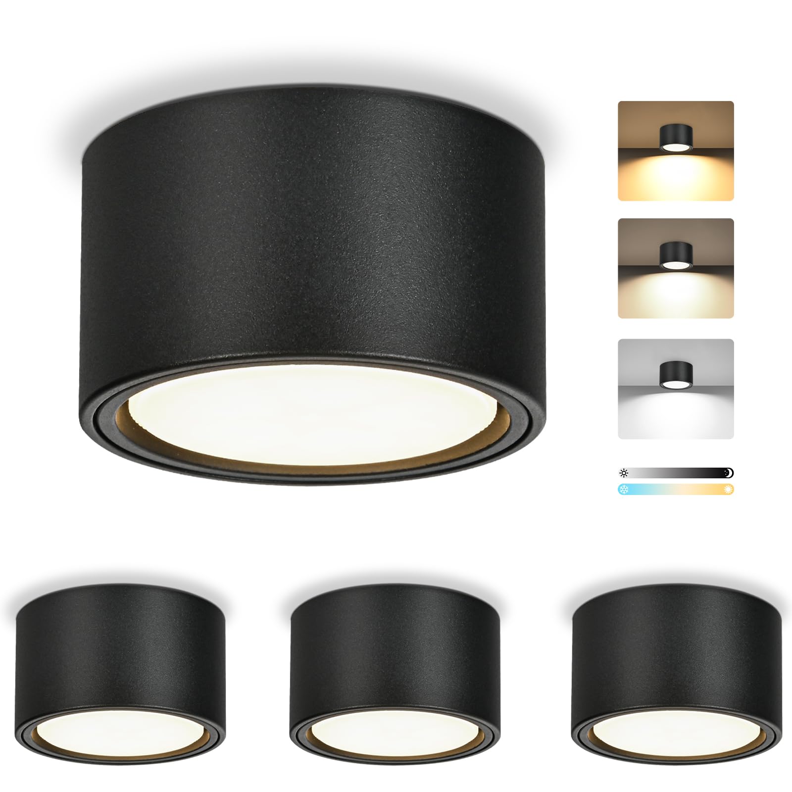 KYOTECH LED Aufbauspots Dimmbar Ø95x55mm Deckenspots Schwarz 7W 800LM GX53 230V 2700K/4000K/6500K 4 Stück