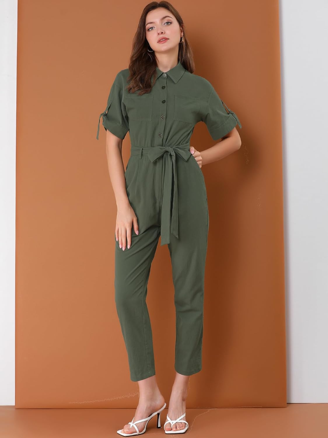 Allegra K Women's Short Sleeve Collared Cropped Coverall Button Down Tie Waist Cotton Cargo Jumpsuit - Image 3