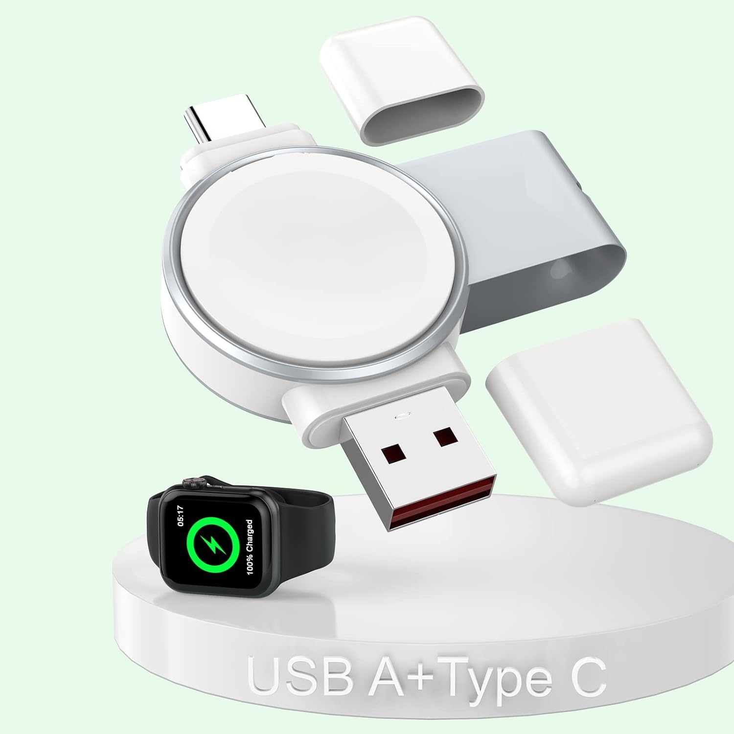 Excefore Charger for Apple Watch Portable iWatch USB Wireless Charger, 2-in-1 USB-A &USB-C Fast Charging Magnetic Cordless Travel Charger for Apple Watch Series Ultra 8 7 SE 6 5 4 3 2