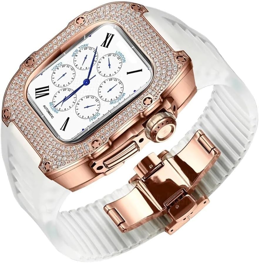 Bracelet silicone Apple Watch avec boîtier titane diamanté luxe pour Série 9 8 7