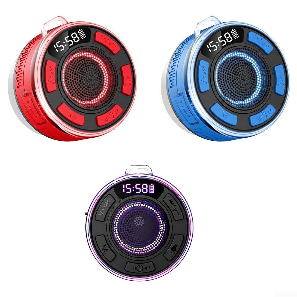 Enceinte de douche étanche IPX7 avec son équilibré à 360° RVB et radio FM et ventouse amovible pour salle de bain, piscine ou voyage, batterie noire ou rouge 1100 mAh (noir)