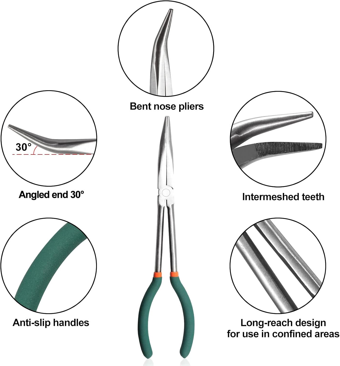 SPEEDWOX Long Reach Bent Nose Pliers 11 Inches 30 Degree Intermeshed Teeth Precision Fine Pliers for Hard to Reach Narrow Spaces High Leverage Reduce Efforts Non-Slip Handle - Image 4