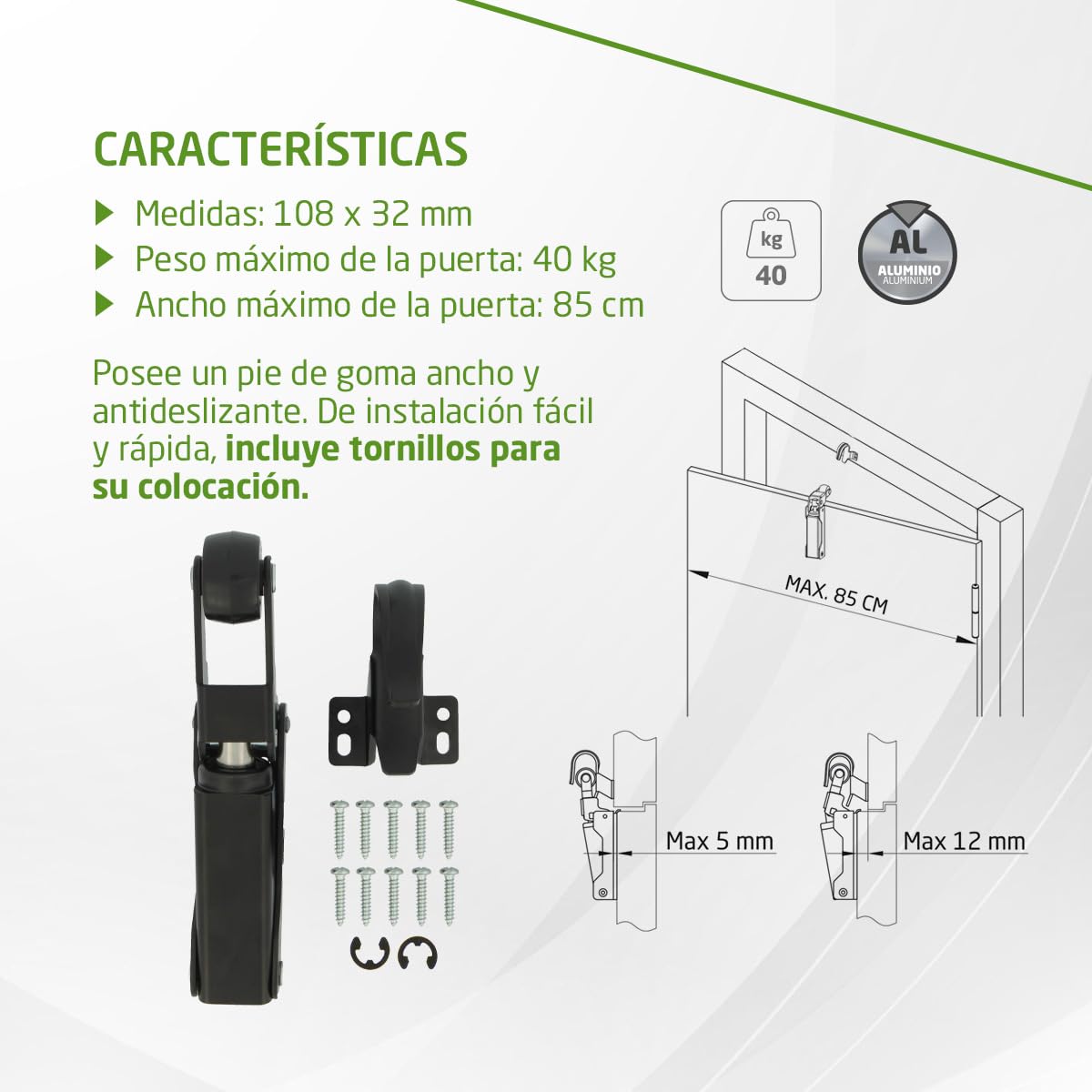 Amig - Retenedor de puerta - Cierre Hidráulico de Puerta - Fabricado en Aluminio - Medidas: 108 x 32 mm - Ideal para freno, tope o amortiguador de puertas - Color: Negro - Peso Máximo 40 kg