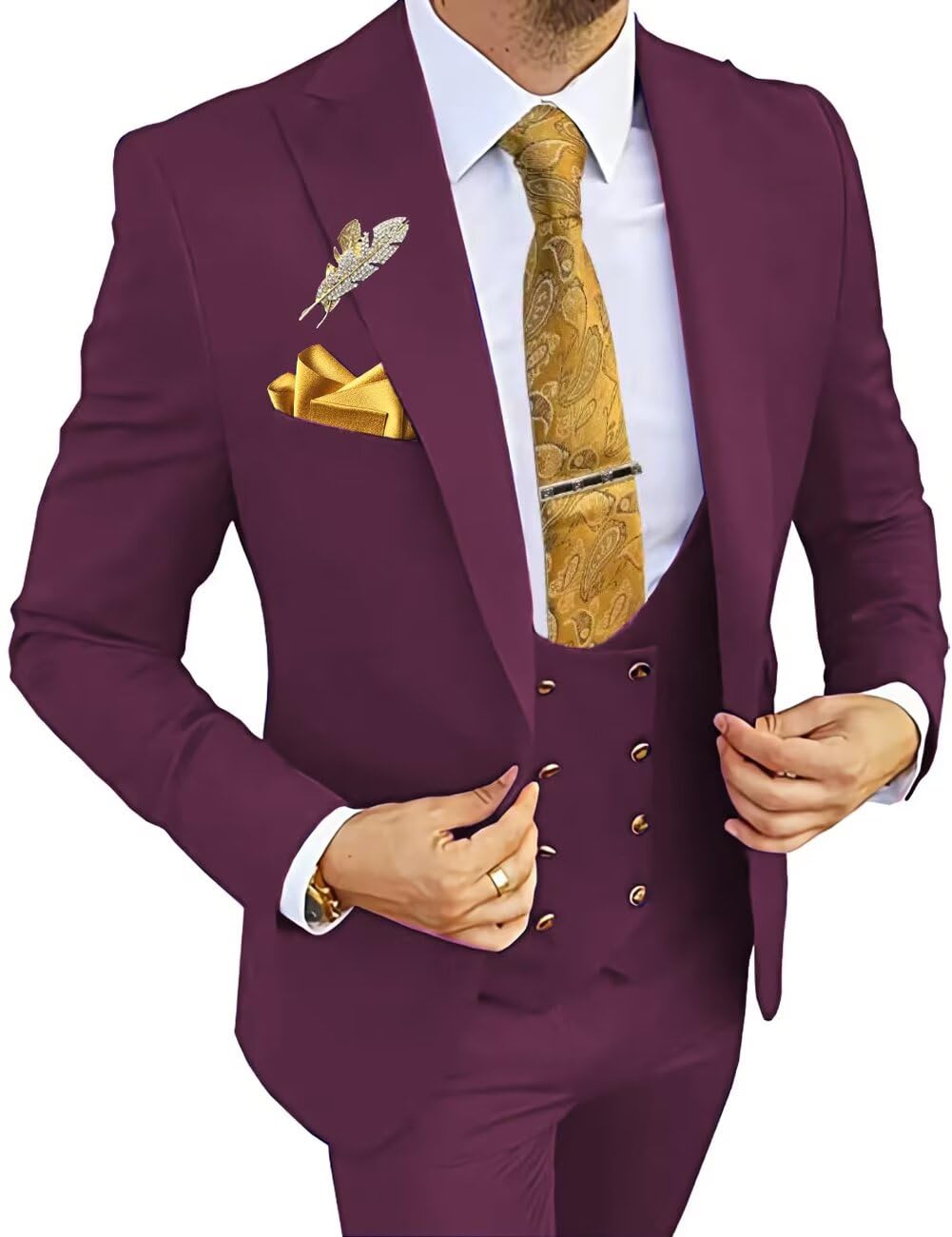 Wangyue 3 Piece Men's Suits Slim Fit Double Breasted Suit Gold Button Blazer Vest Pants Wedding Suit for Men