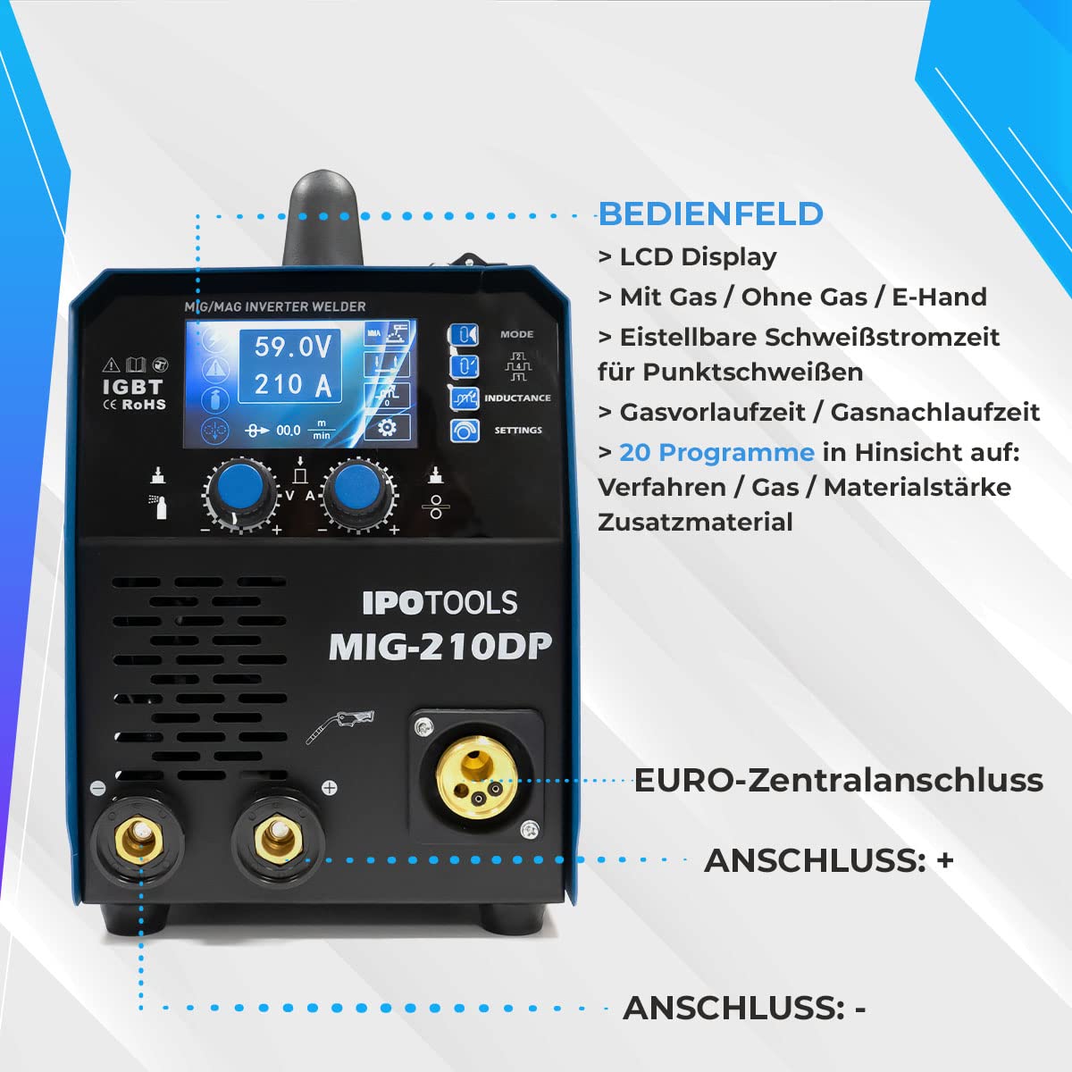 IPOTOOLS MIG-210DP 6 w 1 MIG MAG spawarka – spawarka gazowa z funkcją synergicznego impulsu 210 A / spawarka do drutu wypełniającego i elektrodami / E-Hand/IGBT / 230 V / 7 lat gwarancji