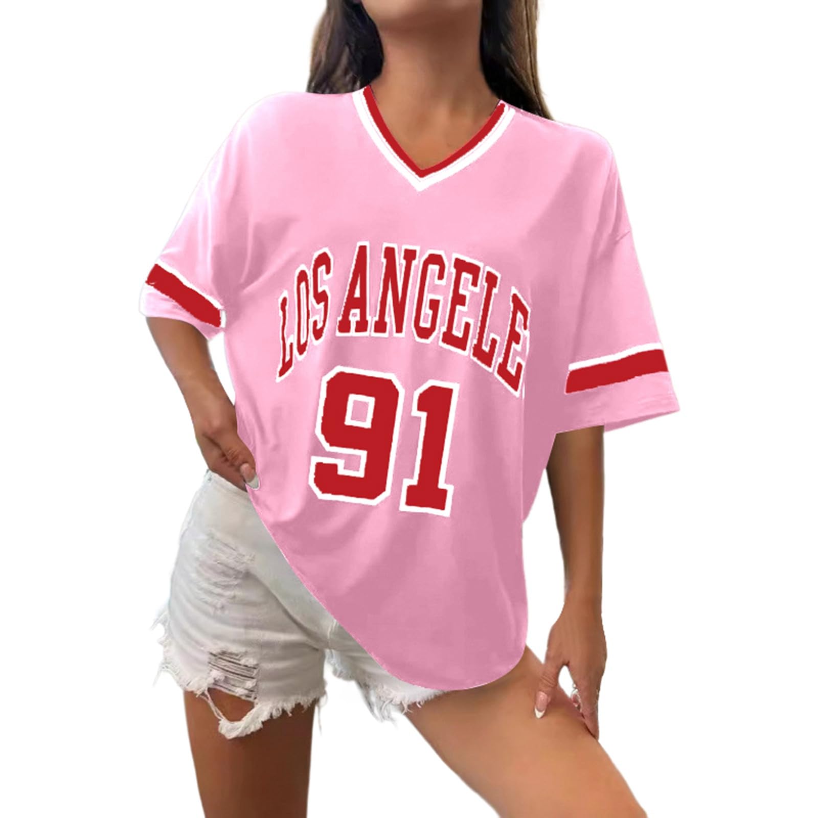 Women's Los Angeles Shirt Baseball Jerseys Oversized Y2k Number Shirts Graphic Striped Trim Casual Shirt V Neck Streetwear Striped Graphic Tee Casual Top Summer Sports Shirt, O Rosa, 4XL