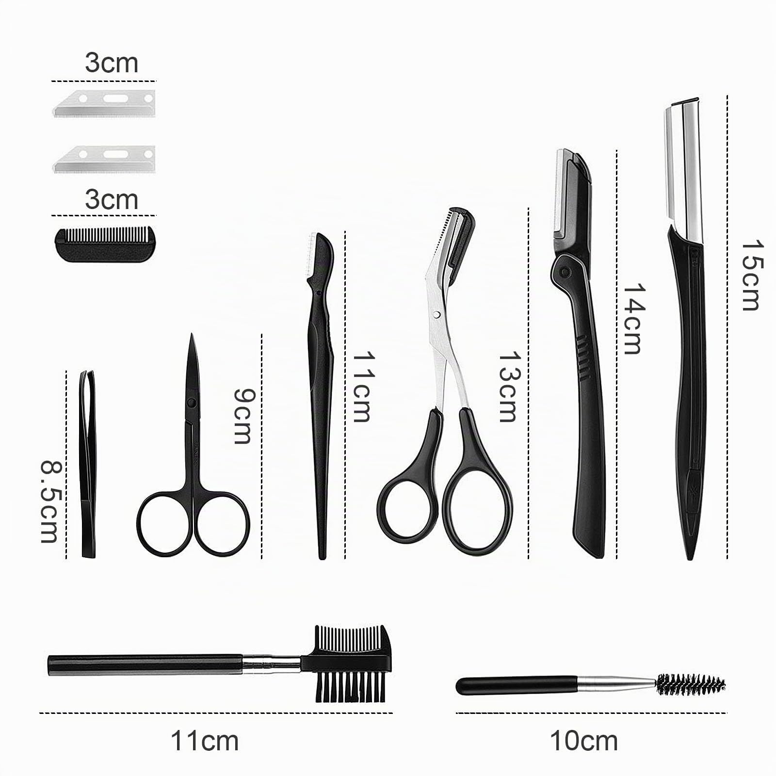 Kit de Coupe des Sourcils 11 Pcs - Outils Professionnels Avec Pince à Épiler, Pincettes, Rasoir, Pinceau, Ciseaux Pour Cils et Autres Soins de Beauté