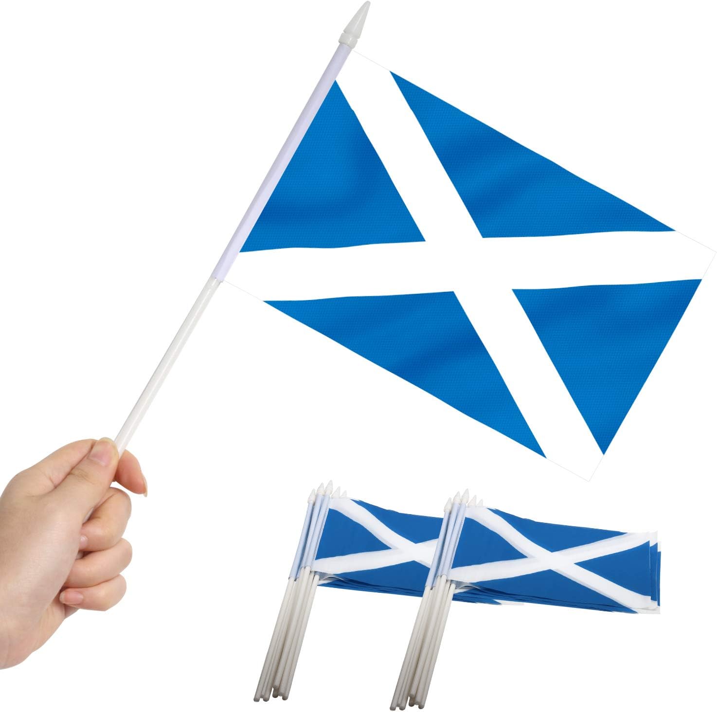 Anley Scotland Mini Flag 12 Pack - Hand Held Small Miniature Scottish Flags on Stick - Fade Resistant & Vivid Colors - 5x8 Inch with Solid Pole & Spear Top