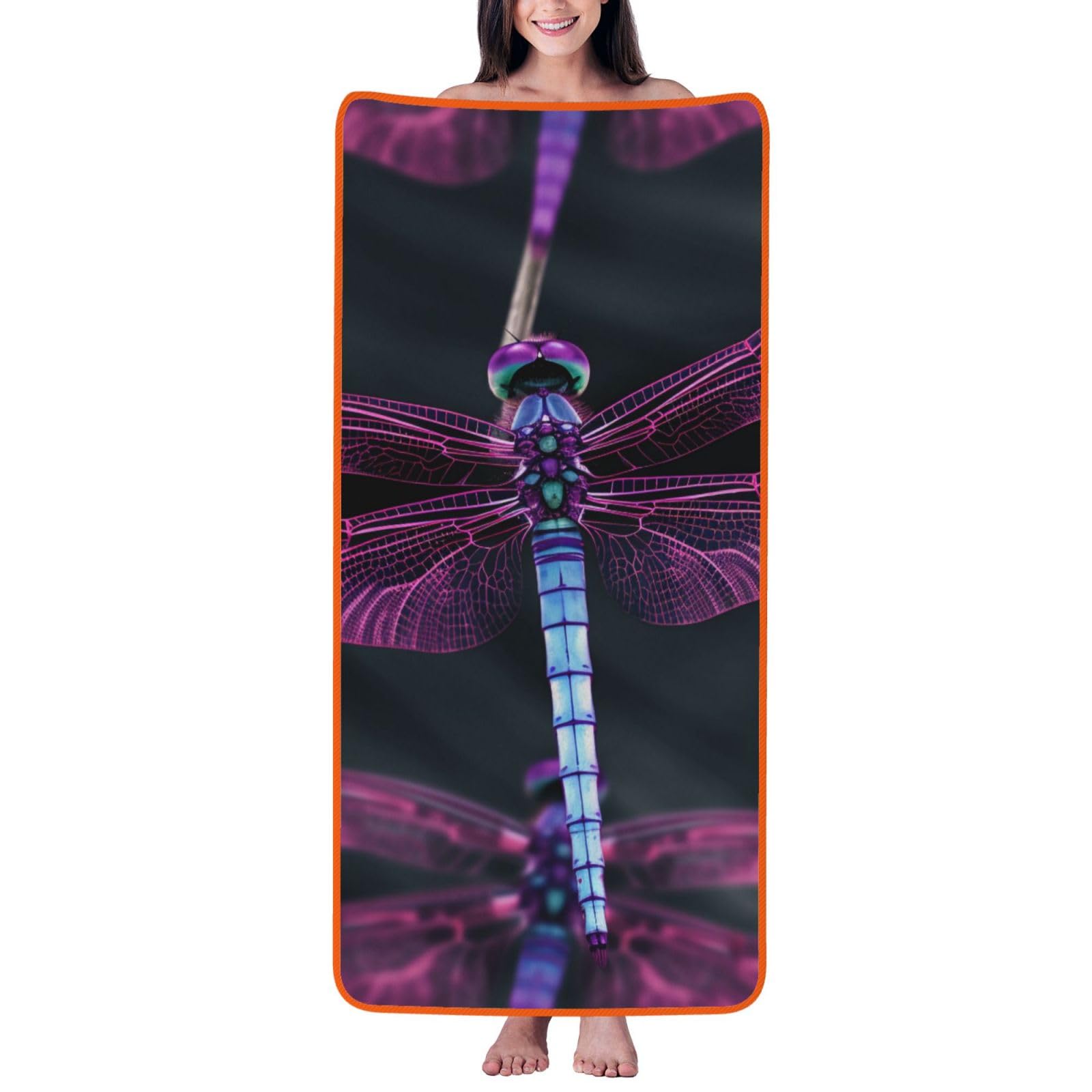 WPKJU Dragonfly Printed Bath Towel with Orange Edging - 27x55 in Soft Extra Absorbent Coral Velvet Shower Towels for Bathroom