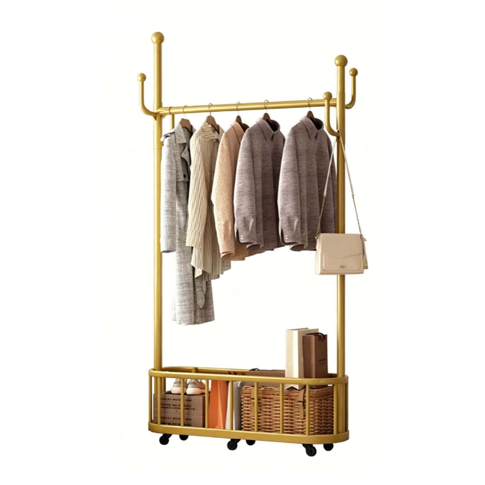 YAOHY Clothes Rack With Wheels, Portable Garment Rack with Storage Basket, Rolling Clothes Rack For Garment Rack for Bedroom, Laundry Room(Gold,39.3in/100cm)