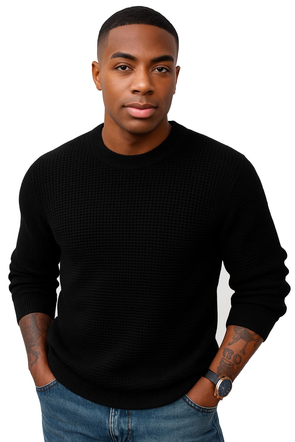 hifzaa Mens Crewneck Pullover Sweater Waffle Textured Long Sleeve Knitted Sweaters-picture-49