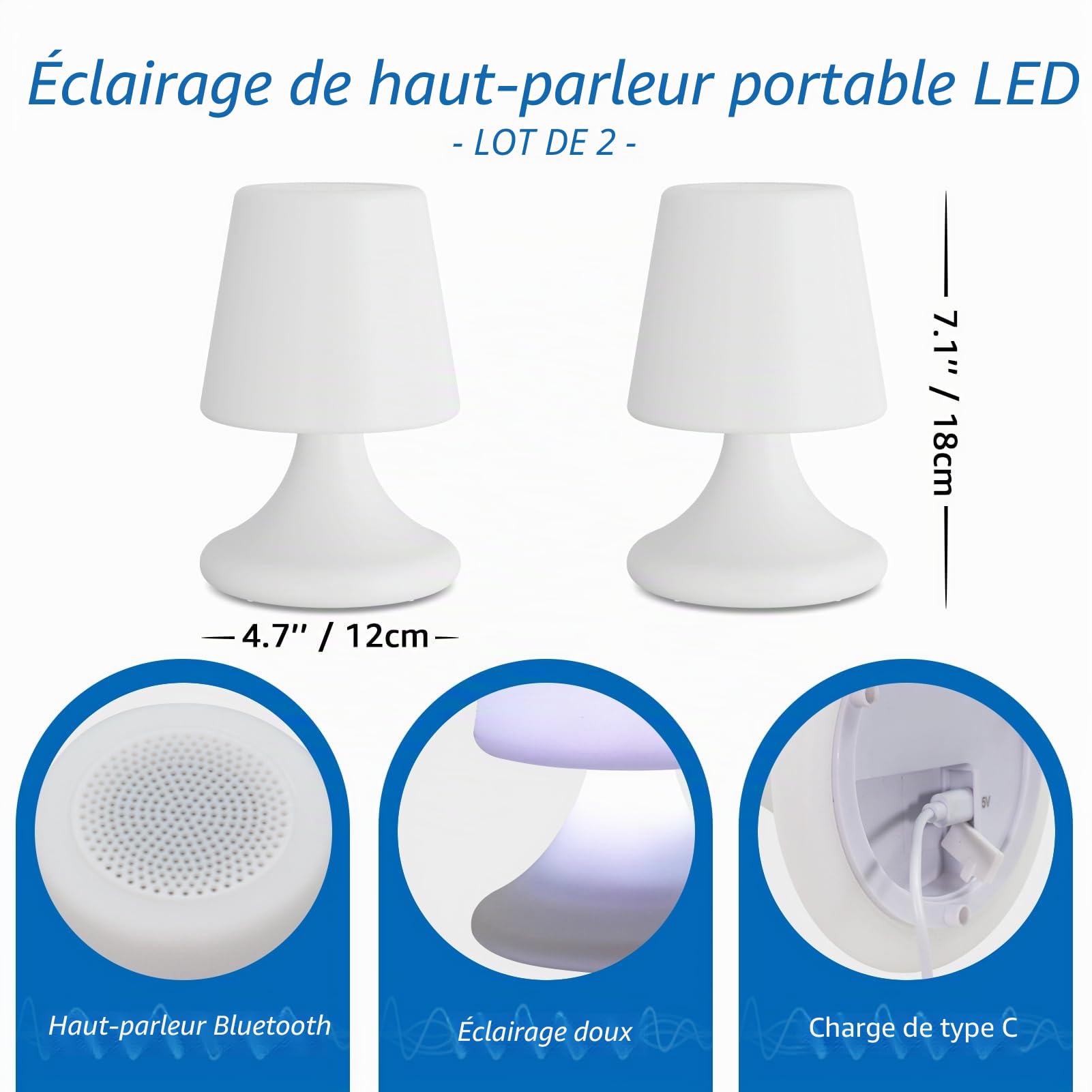 MALUX Lot de 2 lampes de table avec haut-parleur LED sans fil et batterie - Haut-parleur étanche sans fil - Pour chambre à coucher, salon, terrasse, jardin