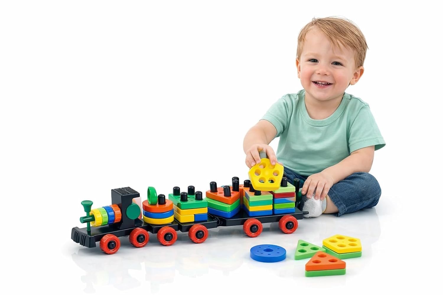 TEC TAVAKKAL 3-in-1 Learning Train Toy for Toddlers | Pull Along Shape Sorting & Stacking Puzzle with Hammer | Geometric Blocks Educational Toy | Montessori Early Development Gift for Boys-image-30