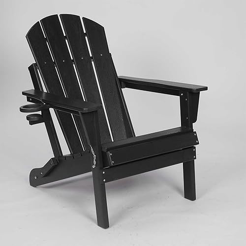 Silla Adirondack plegable con soporte para tazas, silla de exterior de HDPE resistente a la intemperie, silla de césped de grano de madera para