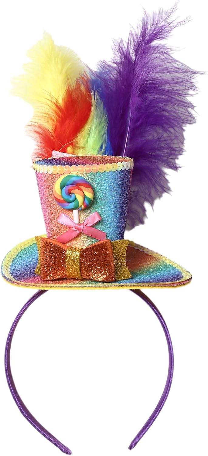 YiZYiF Womens 4 Pcs Rainbow Feather Top Hat And Earrings Colorful Headpiece Halloween Christmas Jewelry image 5