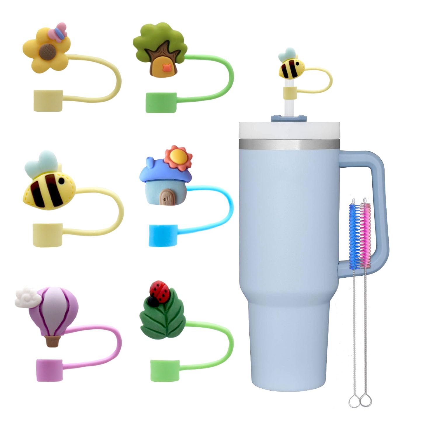 6 tapas de popote compatibles con vasos Stanley Cup de 30 y 40 onzas con asa, lindo diseño de animales y plantas, accesorios para vasos de 0.4 pulgadas (animal y planta)