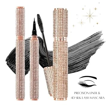 Black Mascara and Liquid Eyeliner Set, Waterproof 4D Silk Fiber Eye Makeup Duo - Long Lasting Lift & Curl for Lashes and High Pigmented Smudge-Proof Eye Liner