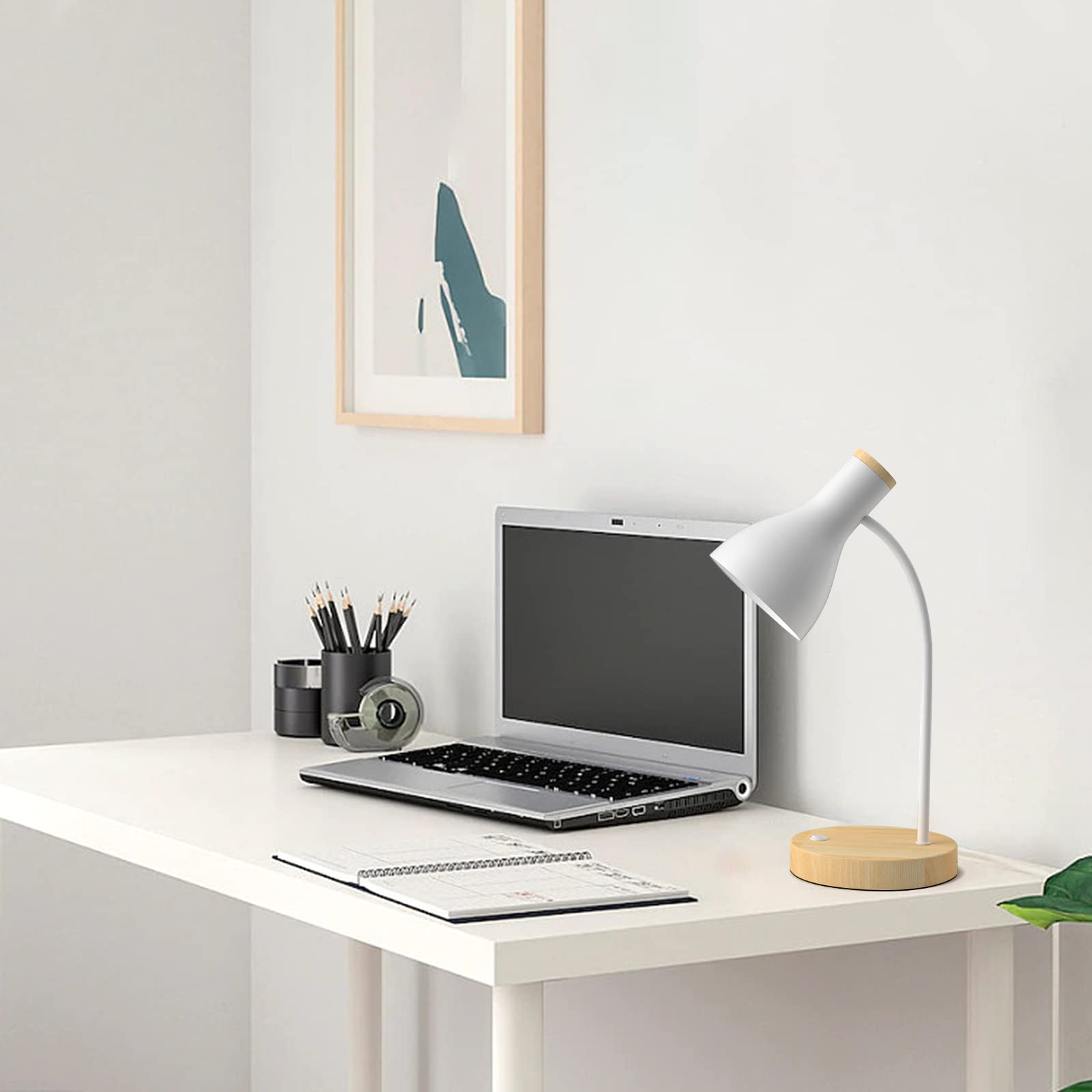 LALISU Tischlampe Basic LED Leselampe im Klassichen Holz-Design, Schreibtischlampe Augenschutz Tageslichtlampe, Verstellbarem Arm (Weiß)