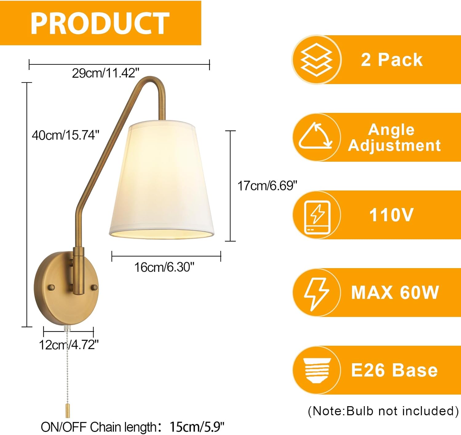 PASSICA DECOR Swing Arm Wall Sconces Set of 2 Hardwired 180 Degree Left and Right Wall Light with Pull Chain Antique Brass Wall Sconce Fabric Lighting Vintage for Bedroom Farmhouse Living Room