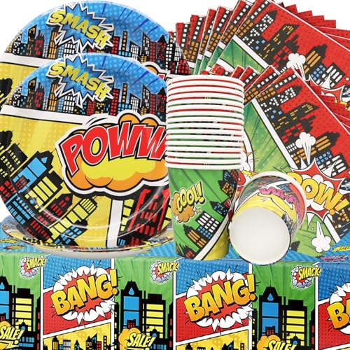 Louça de festa de super-heróis, 61 peças City Heroes louça para festa, pratos guardanapos canecas toalha de mesa decoração de aniversário de super-heróis para crianças festa de aniversário herói tema