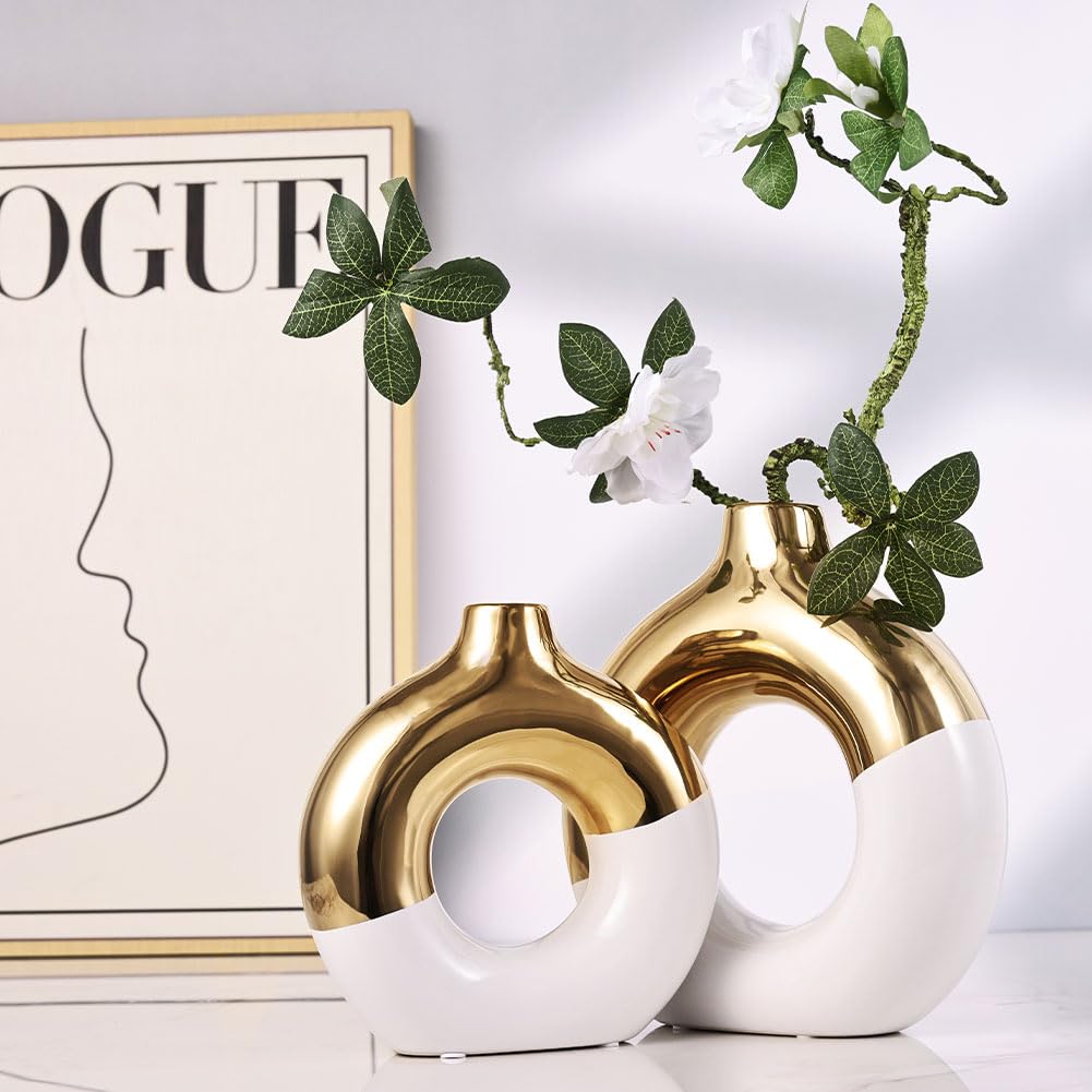 Set di 2 vasi in ceramica bianca e oro, vaso da fiori per decorazione domestica, vaso a ciambella per scaffale, vaso decorativo moderno bohémien, vaso rotondo per erba della pampa, perfetto per tavolo