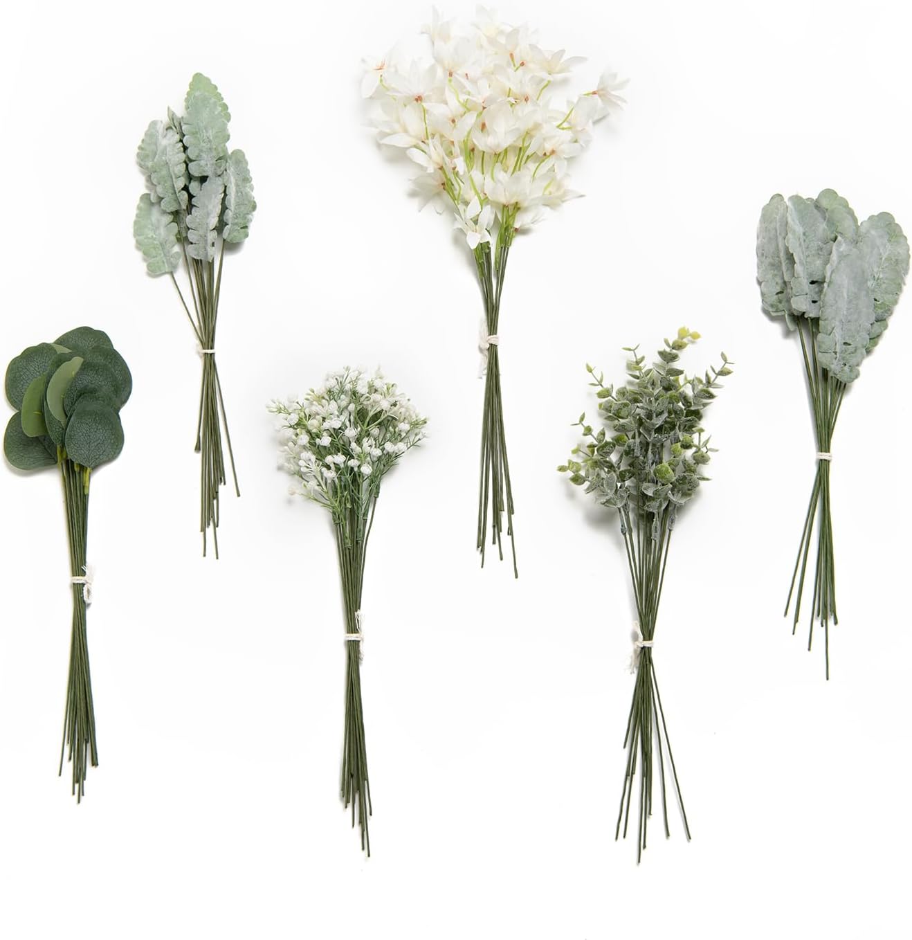 Artificial Greenery Stems Box Set, 98pcs with 6 Kinds of Faux Greenery Picks for DIY Bridal Bouquets Wedding Floral Arrangement Table Centerpieces, Sage Green & White