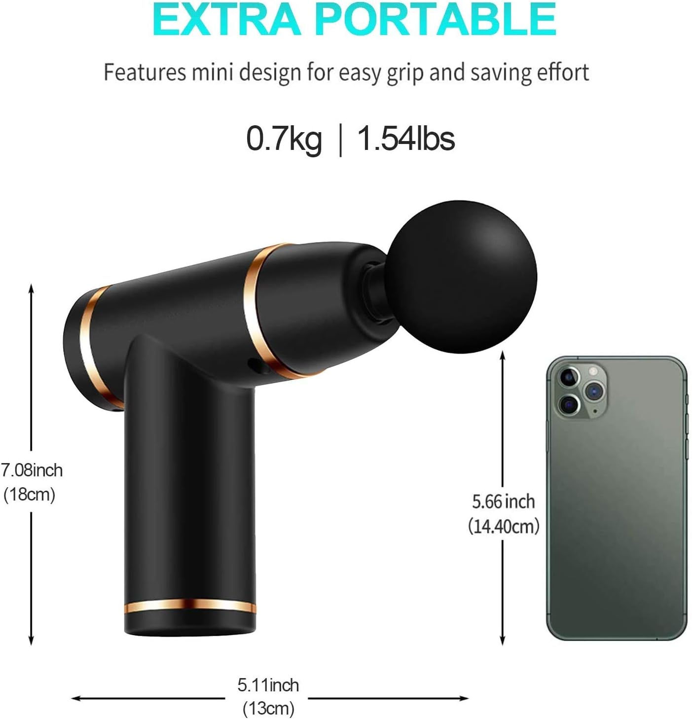 Diagram showing the dimensions of the mini massage gun