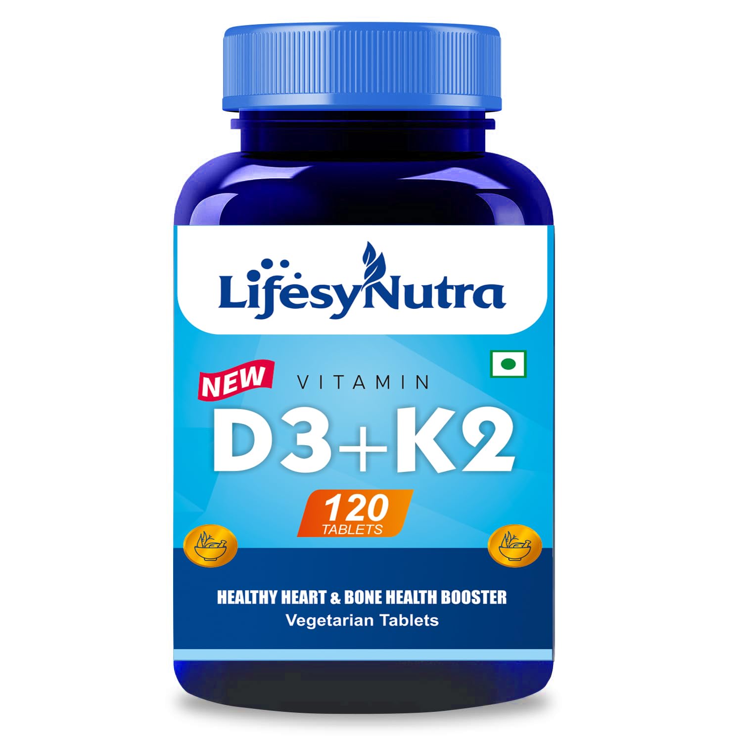 LifesyNutra Vitamin D3 With Vitamin K2 As Mk7 Supplement For Healthy Heart & Bone Health Booster - 120 Vegetarian Tablets