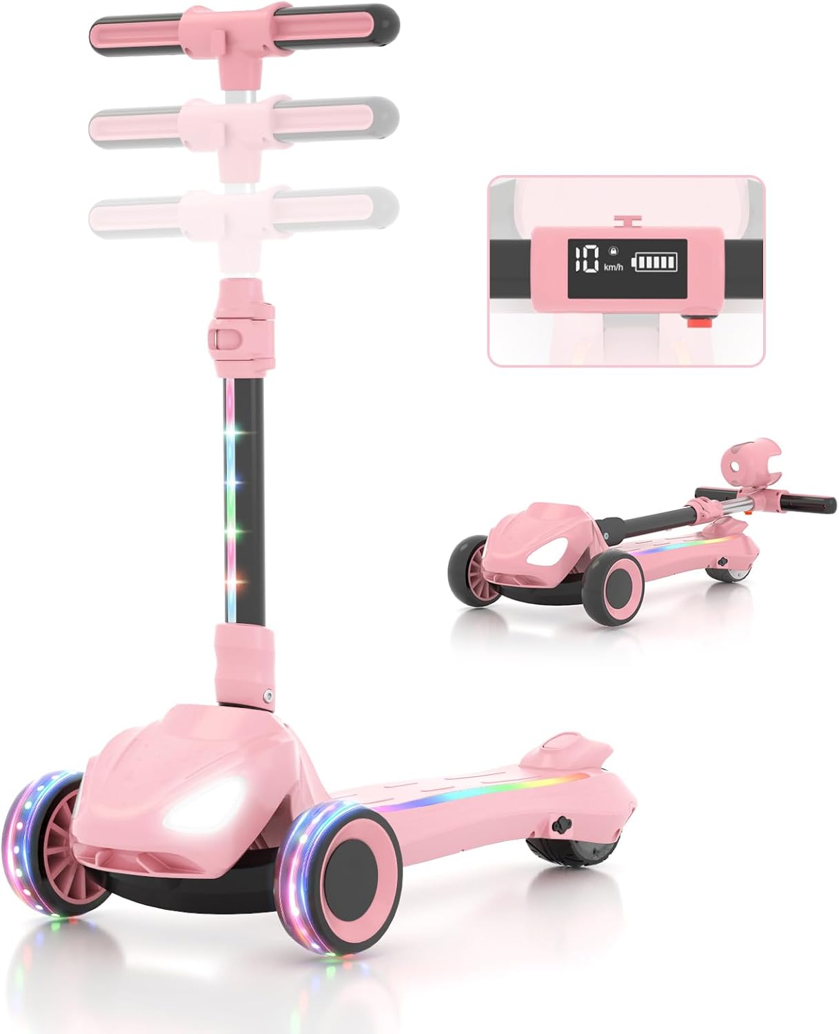 SIMATE Electric Scooter for Kids Ages 3-12, 3 Adjustable Heights, Foldable & LED Display & Thumb Throttle, 5MPH Safe Speed, 90min Riding, Full Body Lights Up, 3 Wheel E-Scooter for Kids Boys Girls