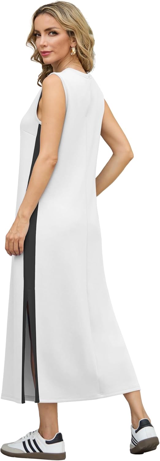 GRECERELLE 2025 Women Summer Color Blocking Round Neck Sleeveless Casual Wrinkle-Free Side Split Maxi Dress with Pockets - Image 5