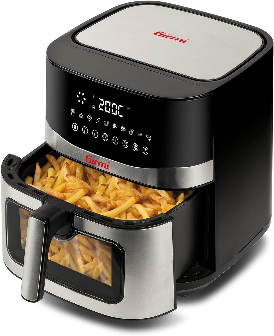 Girmi FG90 Air Fryer with basket pulled out, filled with french fries