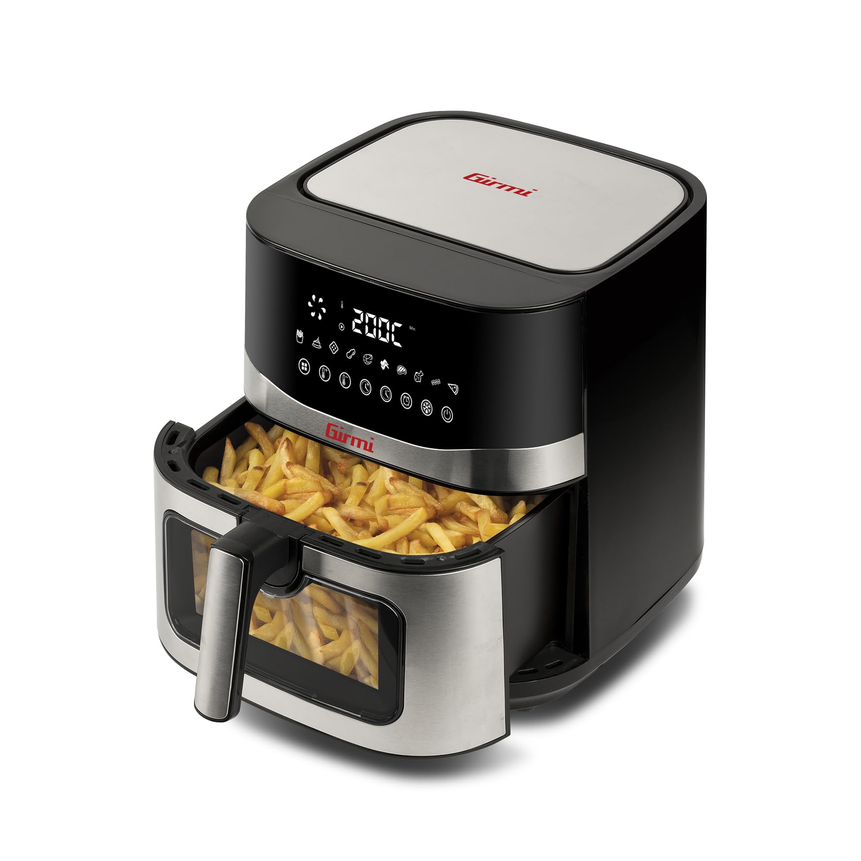 Girmi FG90 Friggitrice ad Aria Ecofrit Premium, 2200W, 9 Lt, Doppia Resistenza, Finestra, Contenitore Antiaderente, Display Digitale, Scongelamento, Partenza Ritardata, BPA/PFOA safe, Nero