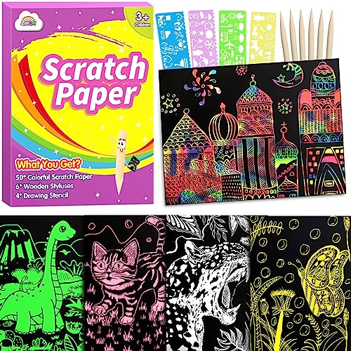 Zmlm Scratch Art Paper Kit: 50Pcs Magic Scratch Papers Craft Set 5 Bright Color Drawing Bulk Supplies For Age 3 4 5 6 7 8 Year Old Boy Girl Kid Toy Gift For Birthday Christmas Halloween #TOP18
