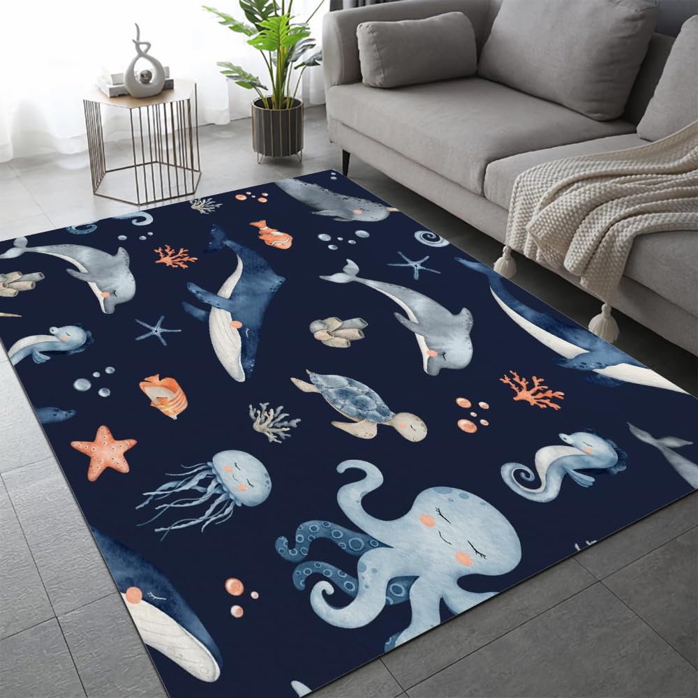 Unterwasserwelt Kurzflor Teppich 3D Ozean Tiere Muster Kinder Teenager Kurzflor Flanell Teppiche rutschfeste Spielteppiche FüR Schlafzimmer Flur Wohnzimmer Boden Teppich 120x160 cm