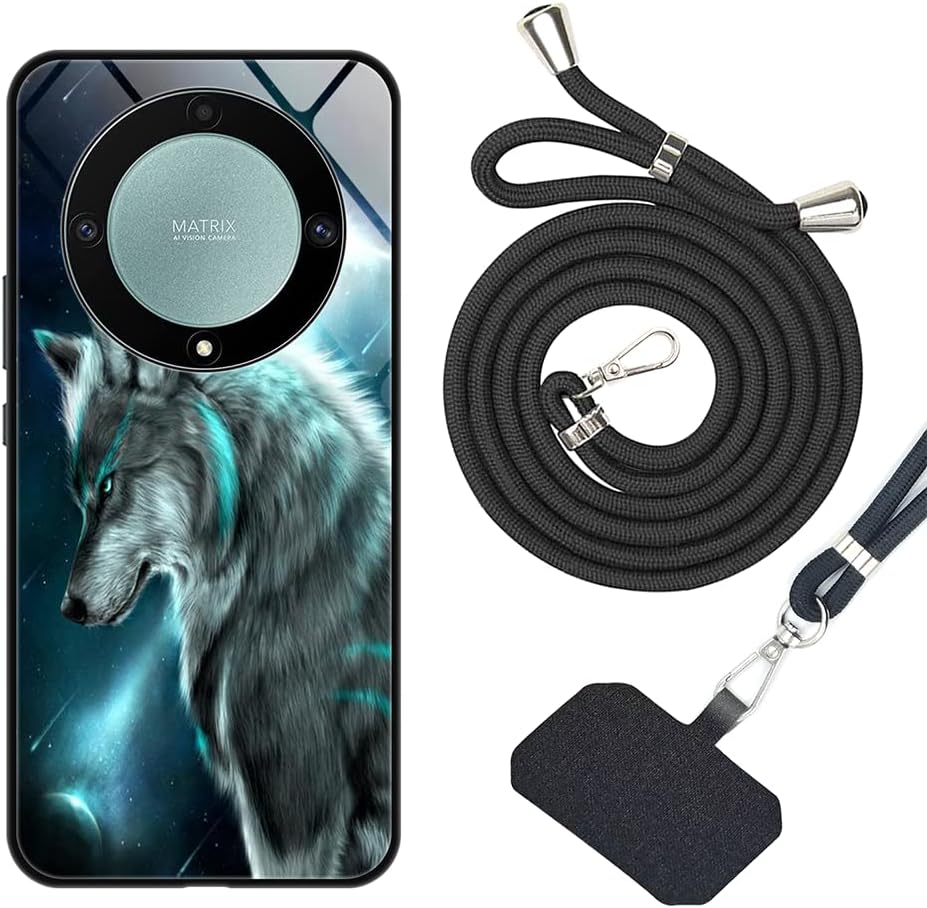 vingarshern Crossbody Case for HONOR Magic 5 Lite Cover+Cord Strap,Glass Cover for Honor Magic5 Lite Case Back Patterned Tempered Glass,Necklace Phone Case Honor Magic5 Lite Lanyard Case Pattern 03