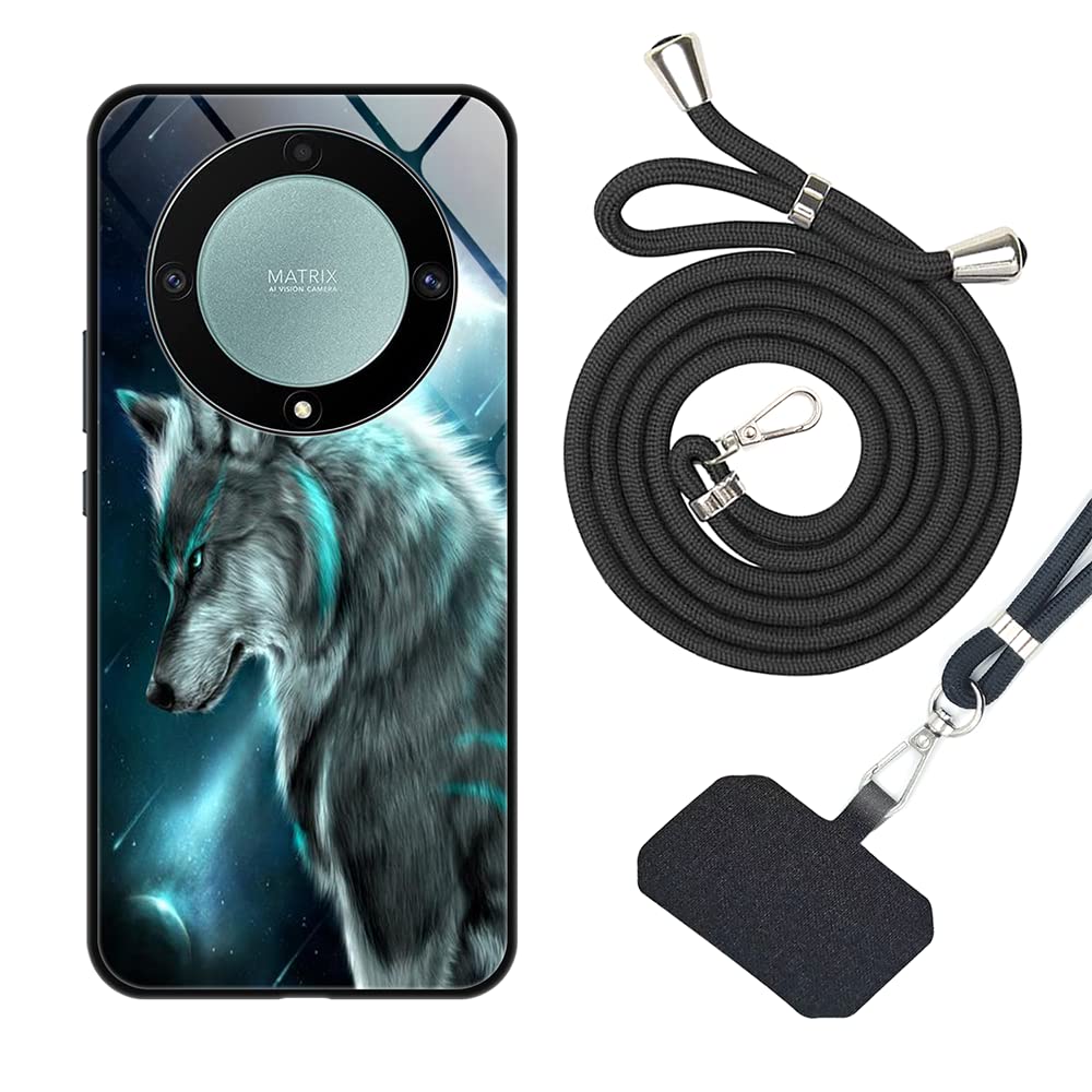 vingarshern Crossbody Case for HONOR Magic 5 Lite Cover+Cord Strap,Glass Cover for Honor Magic5 Lite Case Back Patterned Tempered Glass,Necklace Phone Case Honor Magic5 Lite Lanyard Case Pattern 03