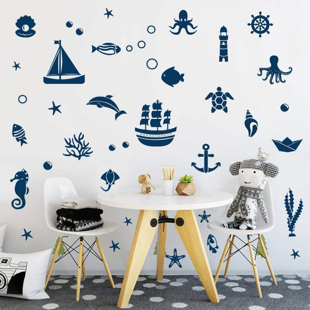 ANHUIB 40Pcs Badezimmer Wandsticker I Wandtattoo für Kinderzimmer I Wandsticker Unterwasserwelt I Cartoon Fische Segelboot Sticker I Tiere Wandtattoo für Jungs Schlafzimmer Babyzimmer Fliesen Deko