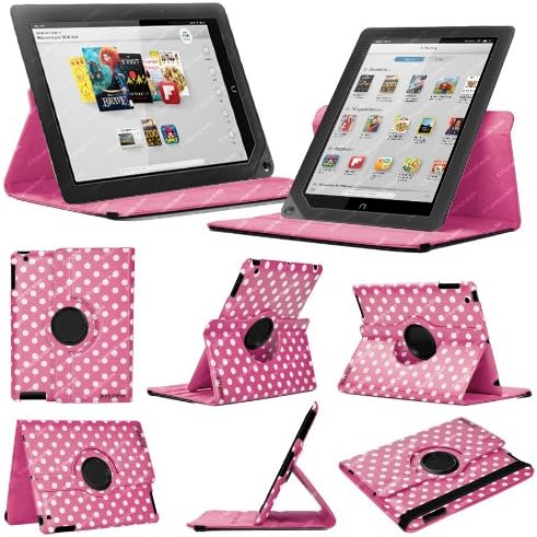 Stuff4 MR-NOOKHDPLUS9-L360-PD-DPW-STY-SP Polka Dot Designed Leather Smart Case with 360 Degree Rotating Swivel Action and Free Screen Protector/Stylus Touch Pen for 9 inch Nook HD+ - Deep Pink/White