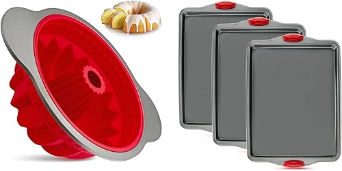 Boxiki Kitchen Baking Essentials molde de silicona antiadherente para tartas con marco y asas de acero + bandeja antiadherente para hornear, juego