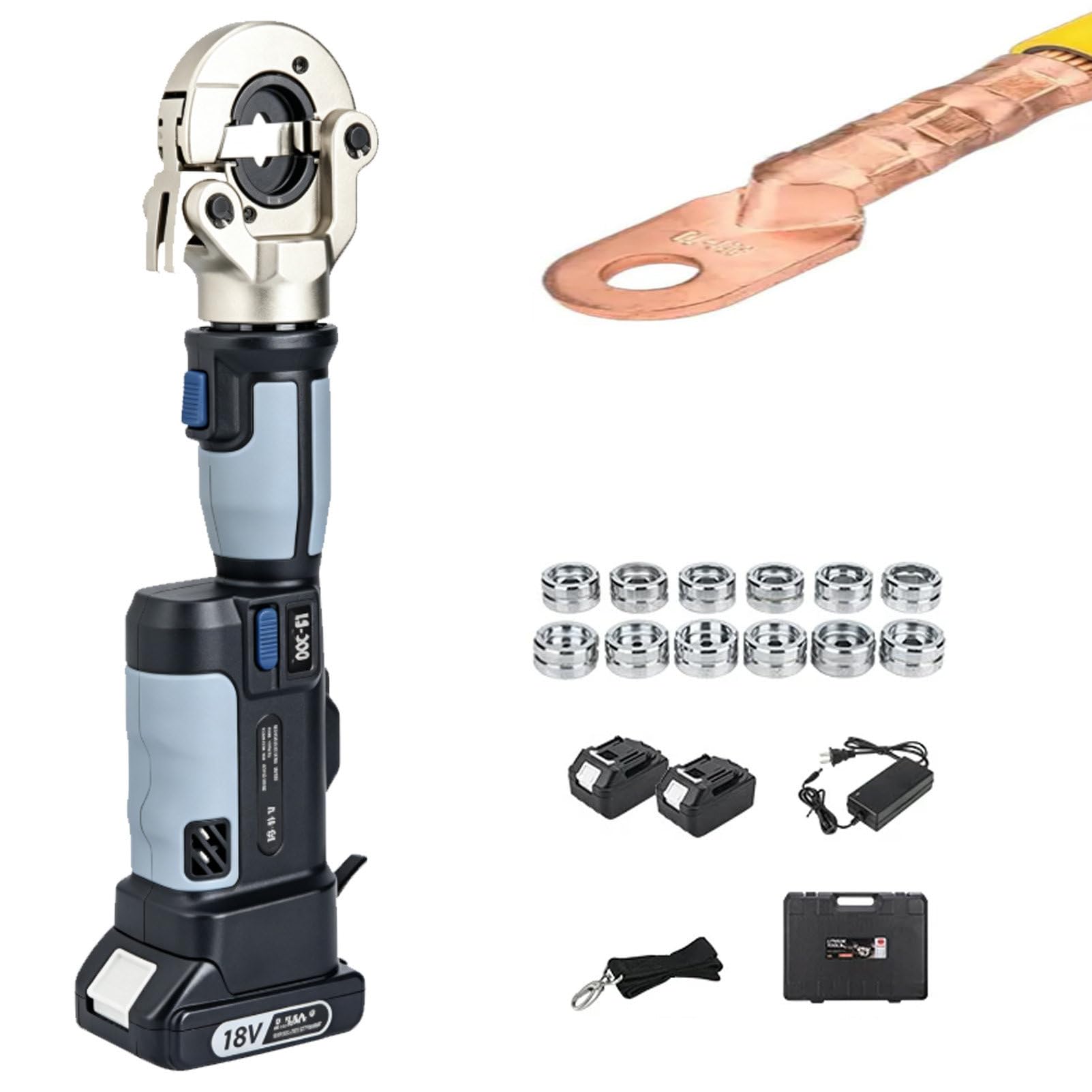 Pvxa 16-300Mm² Rechargeable Hydraulic Crimper, Electric Hydraulic Wire Crimper, Efficient Cable Lug Crimper, with 12 Pairs of Dies, for Copper Aluminum Terminal Grey