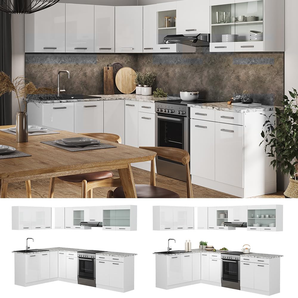 Vicco Cucina ad angolo R-Line, Bianco lucido/Bianco 267 x 167 cm