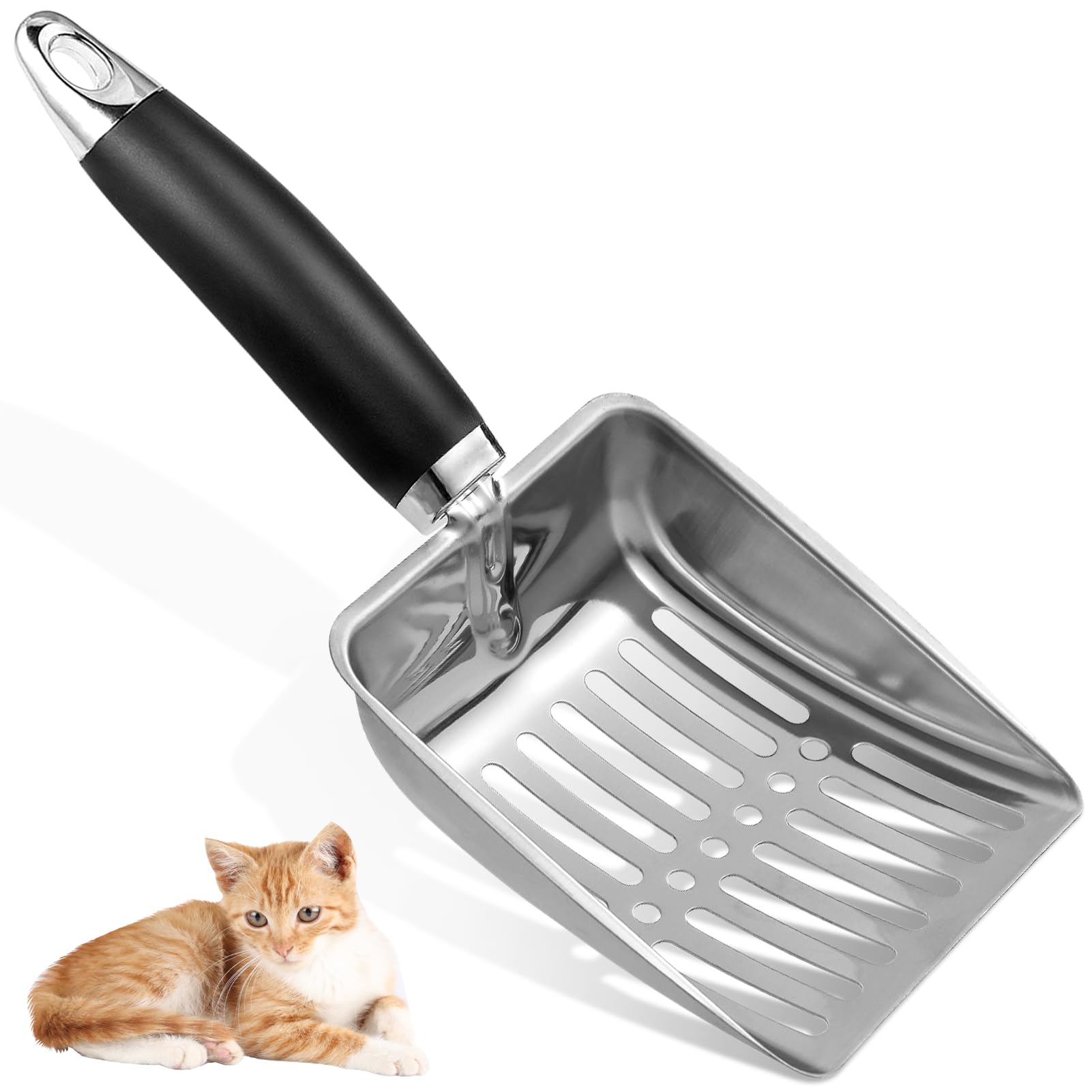 Metal Medium Cat Litter Scoop,Litter Scooper,Cat Spoon,Sturdy Mesh Scooper,Mesh Shovel,Easy to Clean,Suitable for Cat Litter Box - Half Black