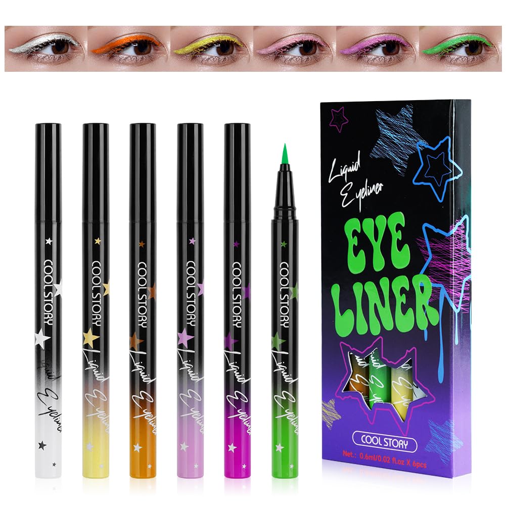 LOPHE Zestaw eyelinera, 6 kolorów, świecący eyeliner, matowe wykończenie, wodoodporny, trwały, płynny eyeliner z bardzo delikatnym pędzlem, na Halloween, karnawał