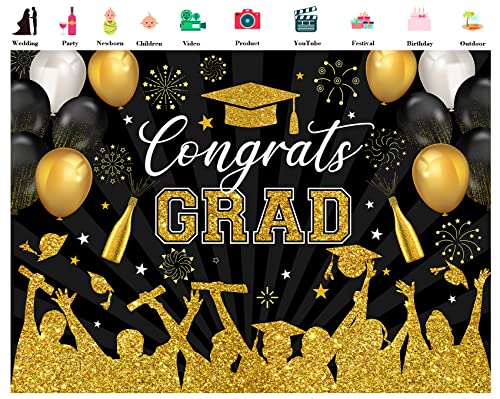 5x3ft Congrats Grad Backdrop for Photoshoot Black and Gold Balloon Class of 2024 Graduation Party Photography Background Congrats Grad Prom Party Backdrop Banner Cake Table Decor Photo Booth Props - Thumbnail 2